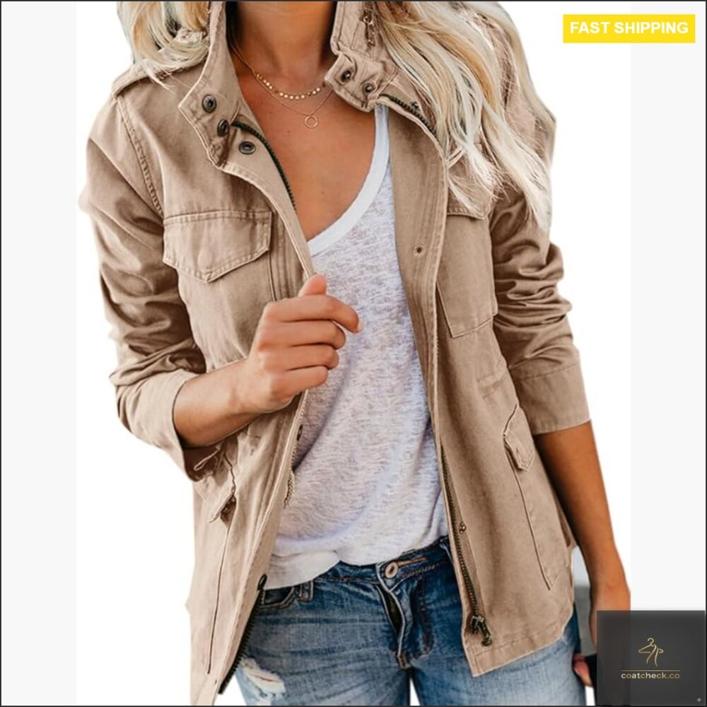 Military Anorak Jacket with Pockets, Zip Up, Adjustable Waist, Long Sleeve